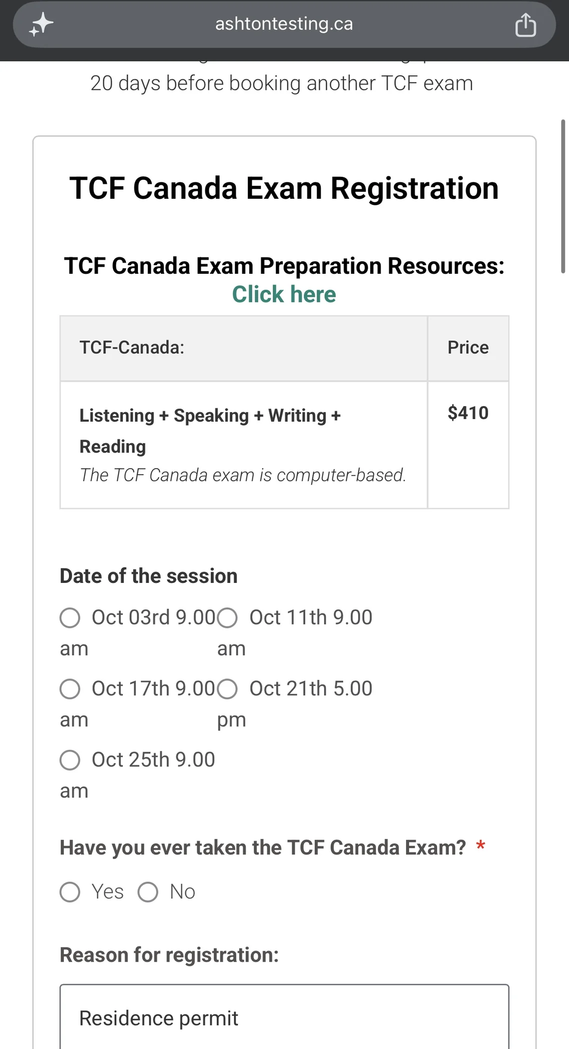 Ashton Testing registration page listing the October sittings