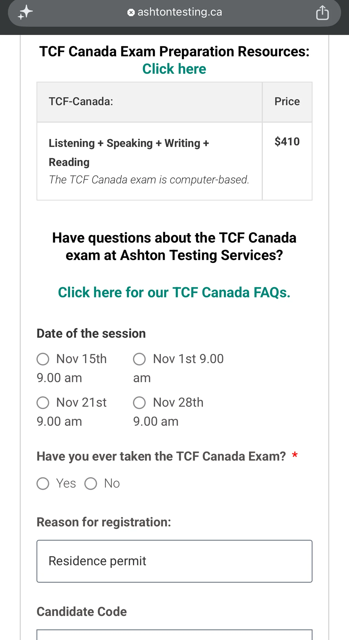 Ashton Testing registration page listing the November sittings