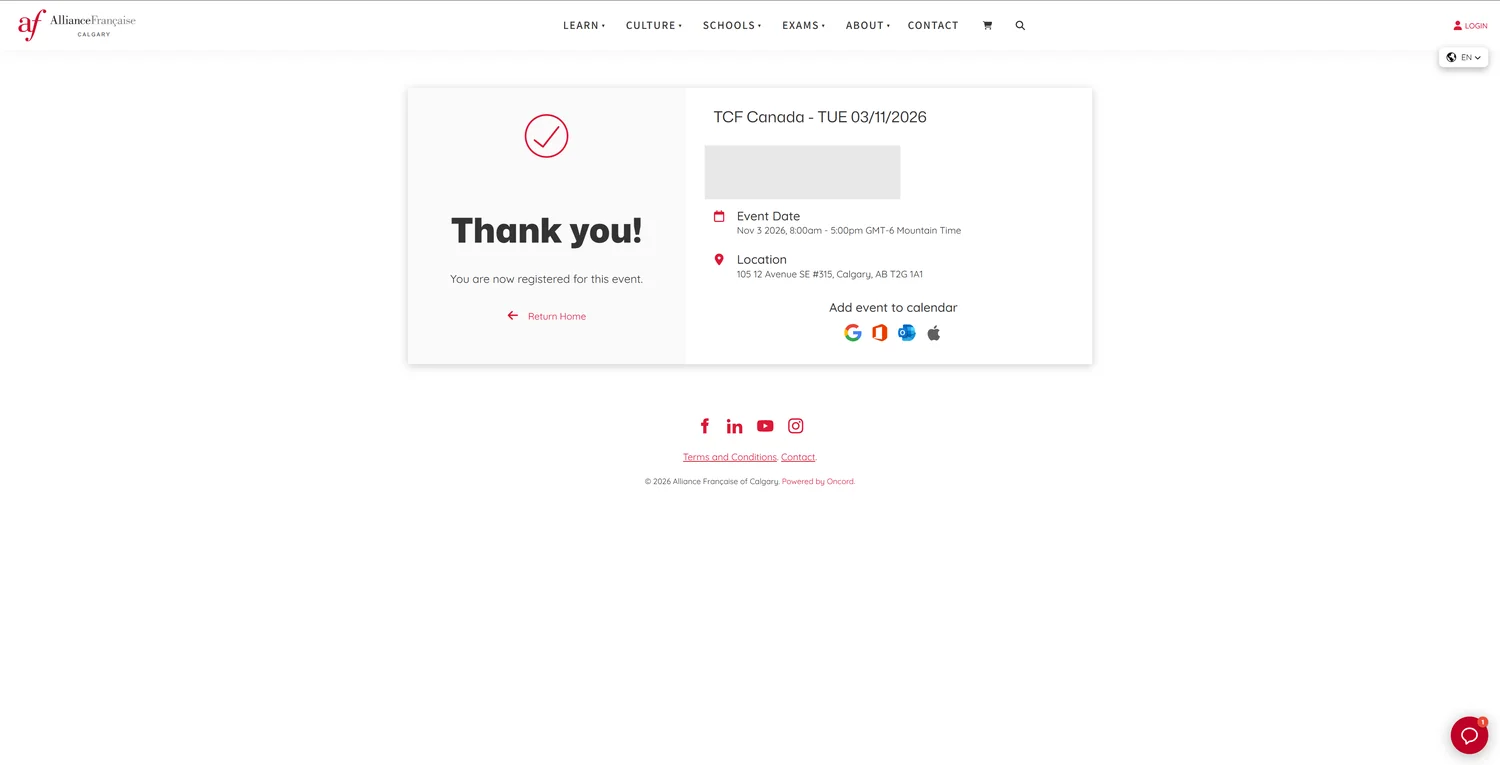 Alliance Française de Calgary confirmation page for a November sitting