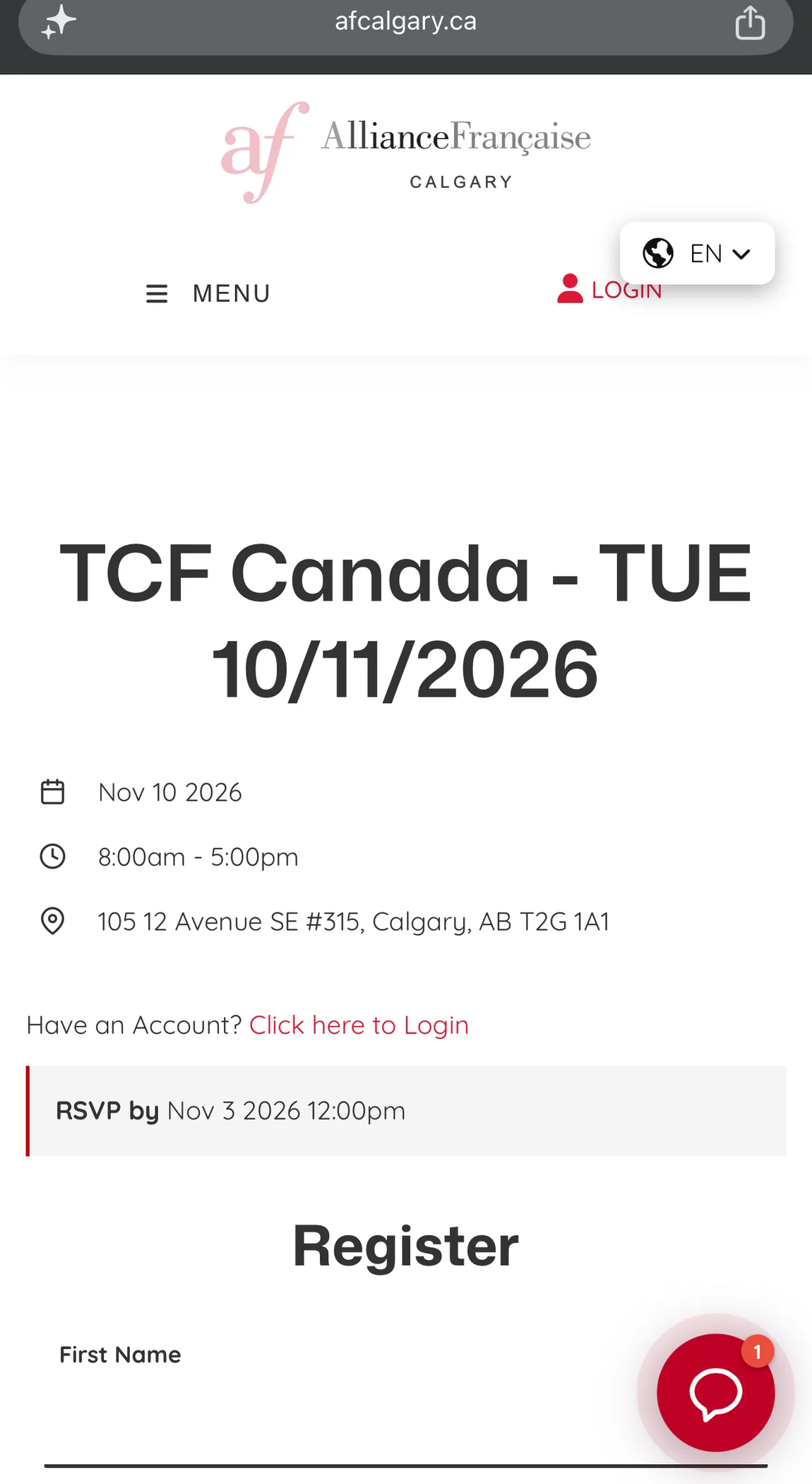 Alliance Française de Calgary registration page for the November 10 sitting