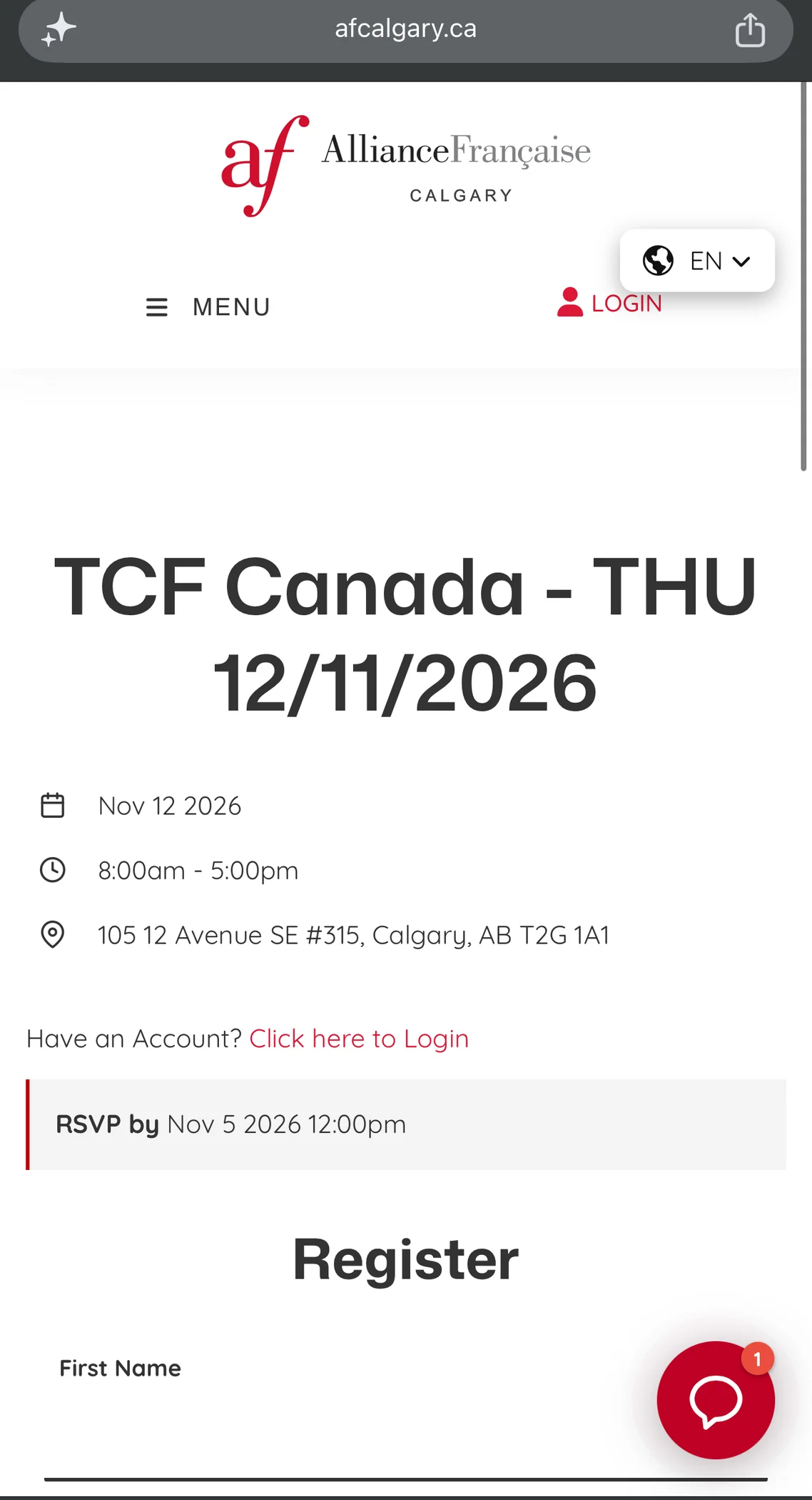 Alliance Française de Calgary registration page for the November 12 sitting