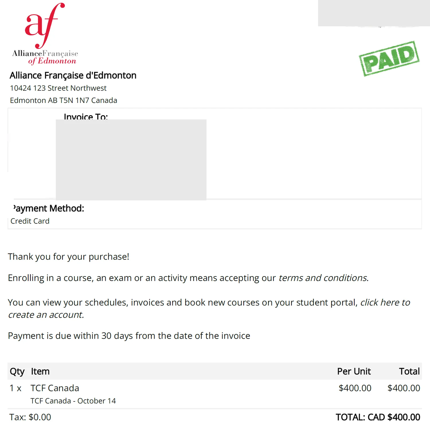 Paid invoice from Alliance Française d'Edmonton for the TCF Canada sitting on October 14