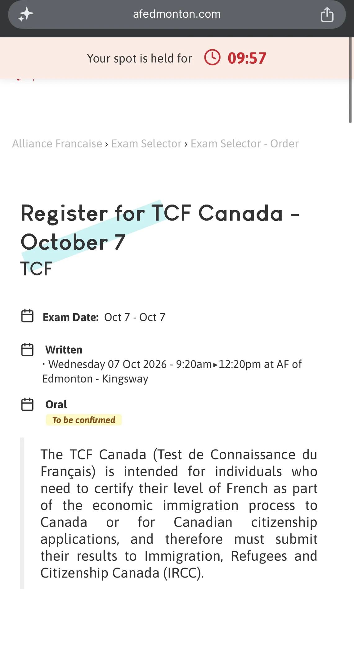 Alliance Française d'Edmonton registration page for the October 7 sitting, spot held