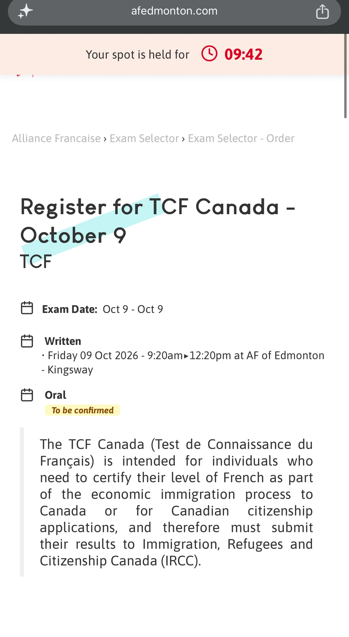 Alliance Française d'Edmonton registration page for the October 9 sitting