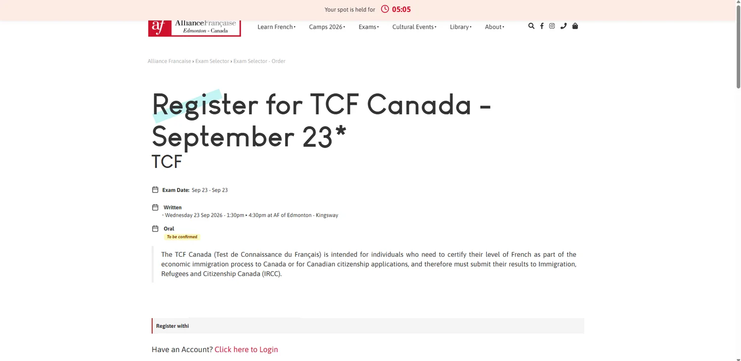 Alliance Française d'Edmonton registration page for the September 23 sitting