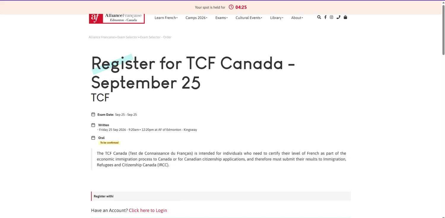 Alliance Française d'Edmonton registration page for the September 25 sitting
