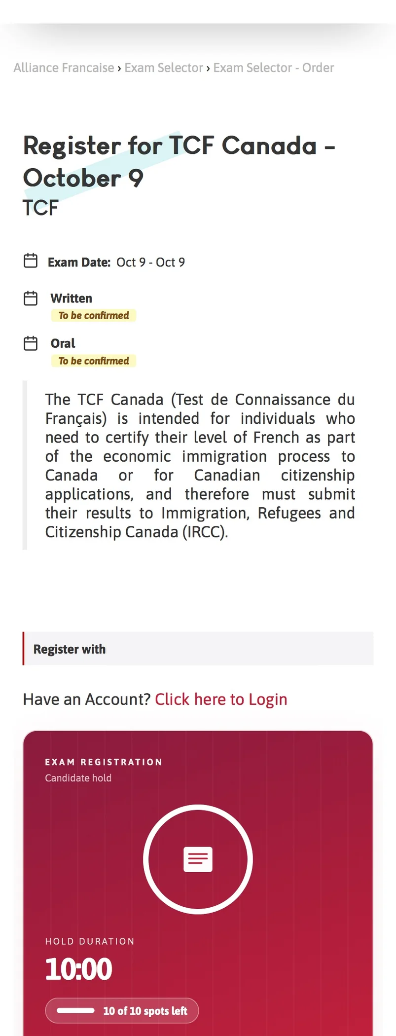 Full-page screenshot of the Alliance Française d'Edmonton registration page for the October 9 sitting