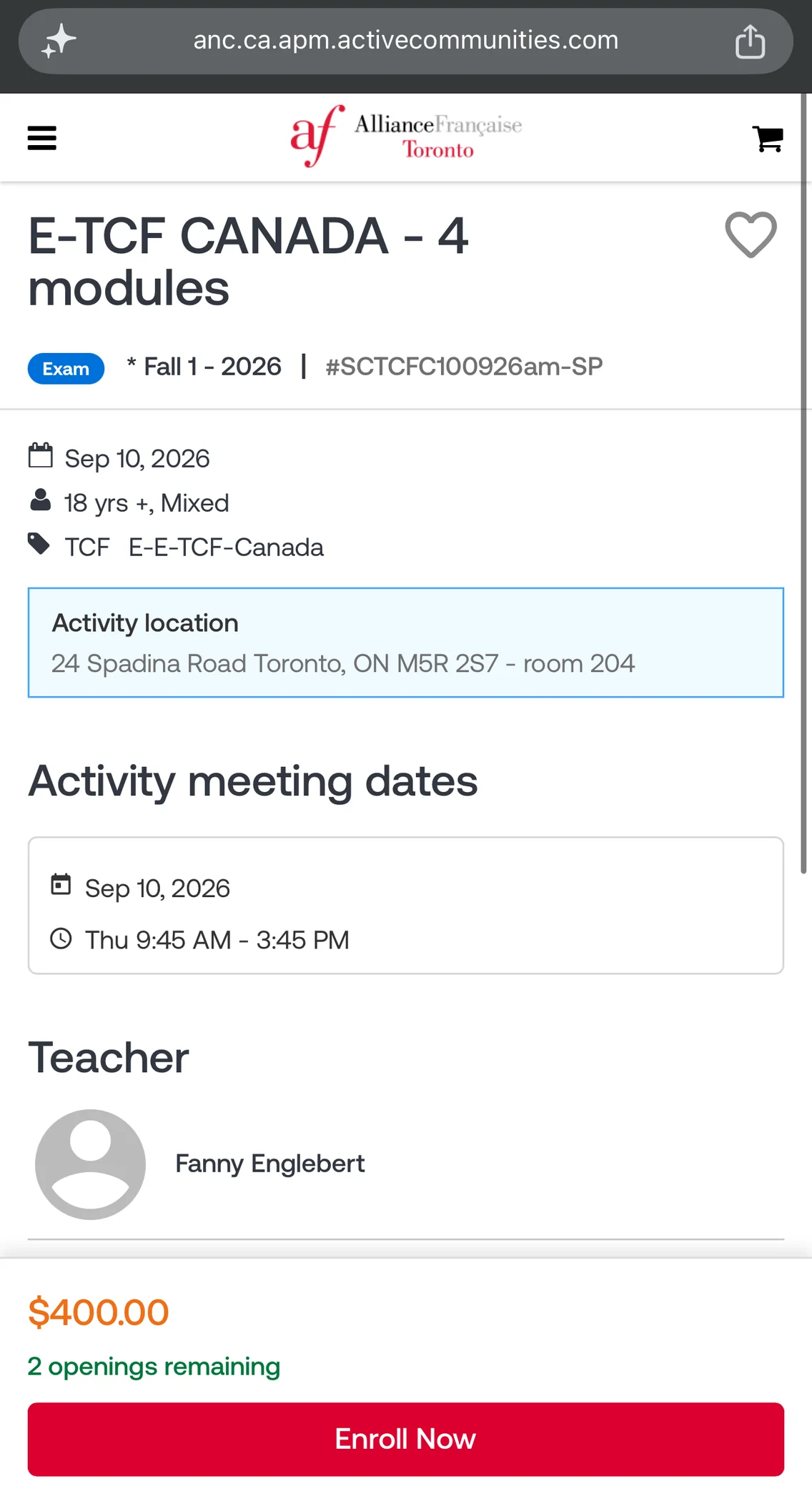 Alliance Française de Toronto Spadina registration page for the September 10 sitting