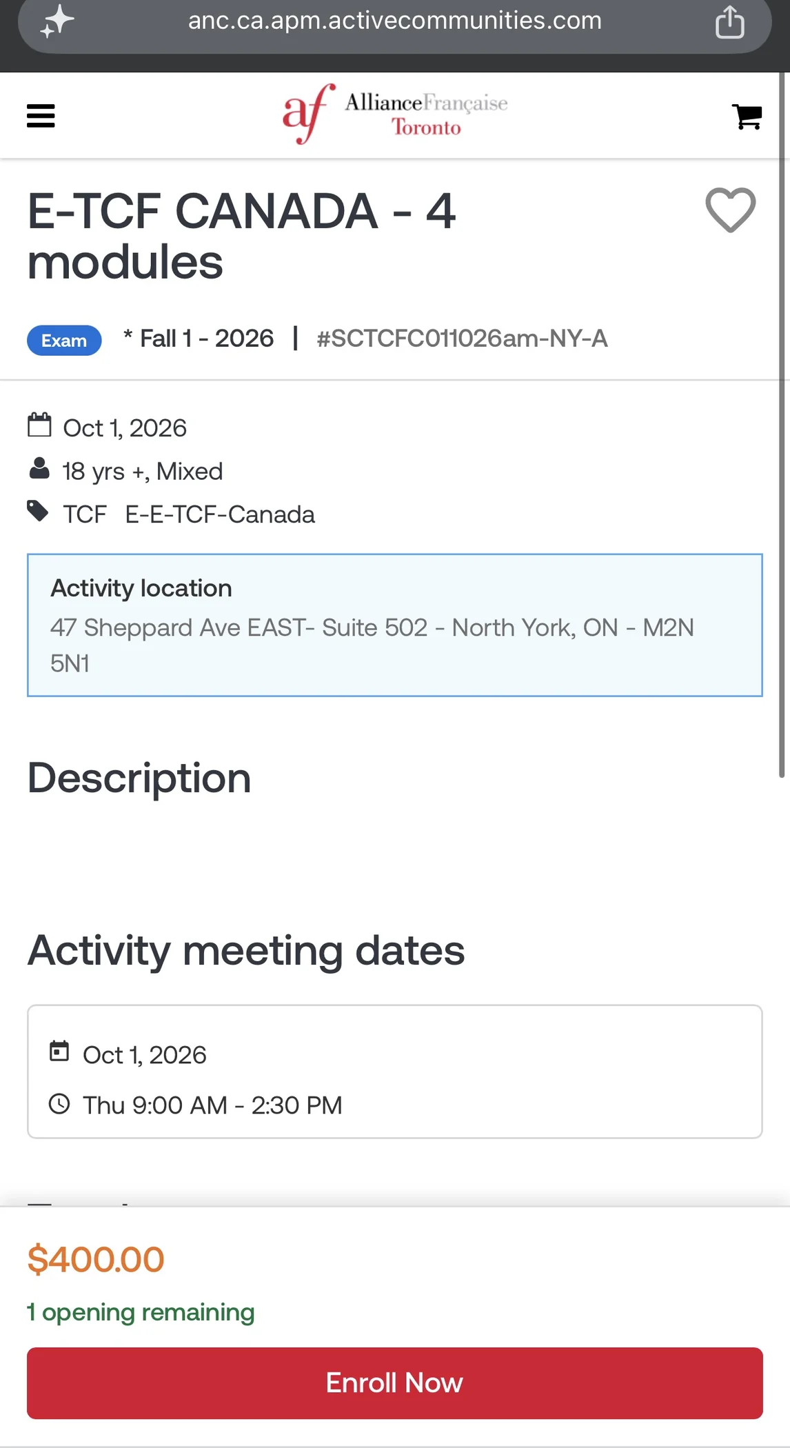 Alliance Française de Toronto North York registration page for the October 1 sitting