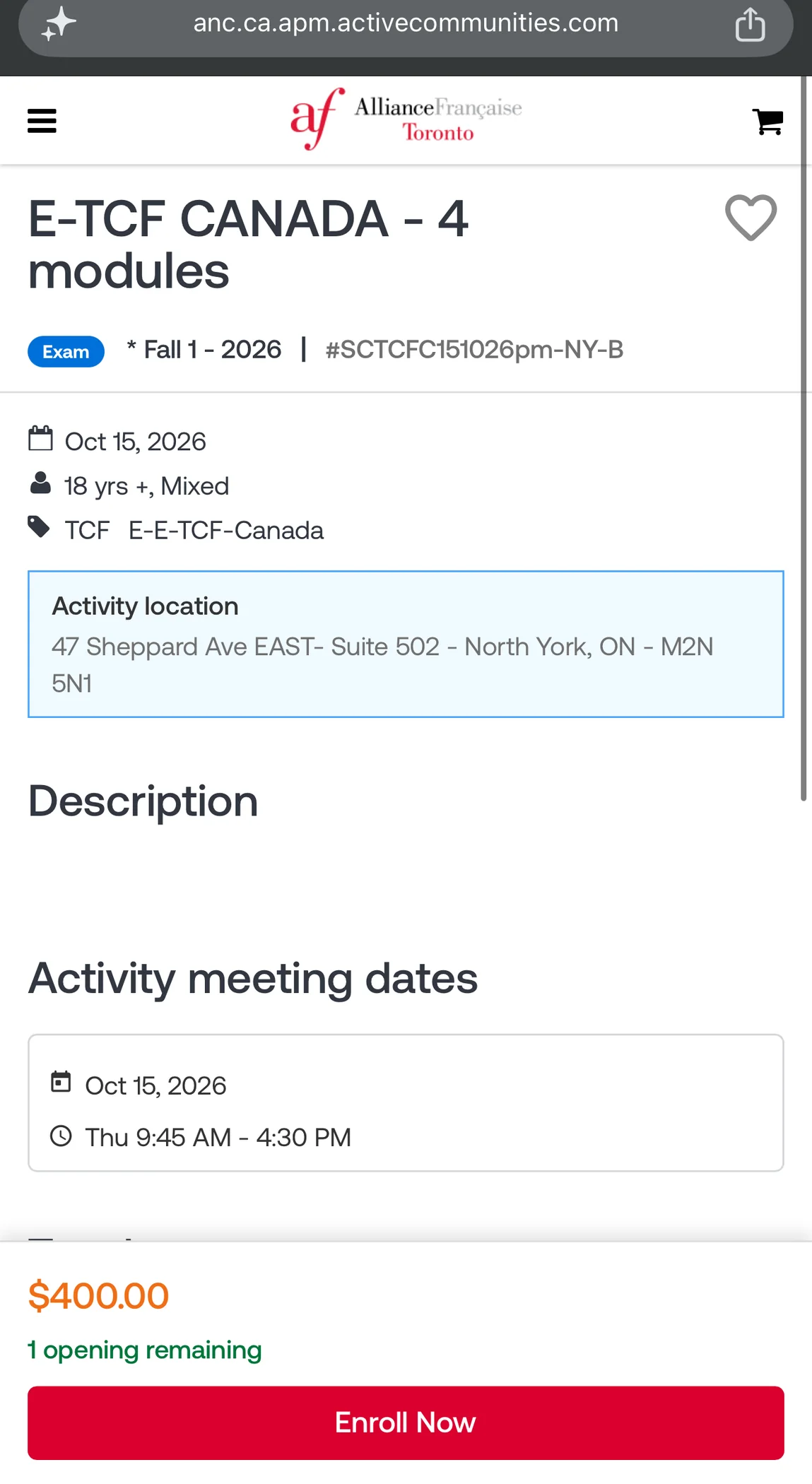Alliance Française de Toronto North York registration page for the October 15 sitting