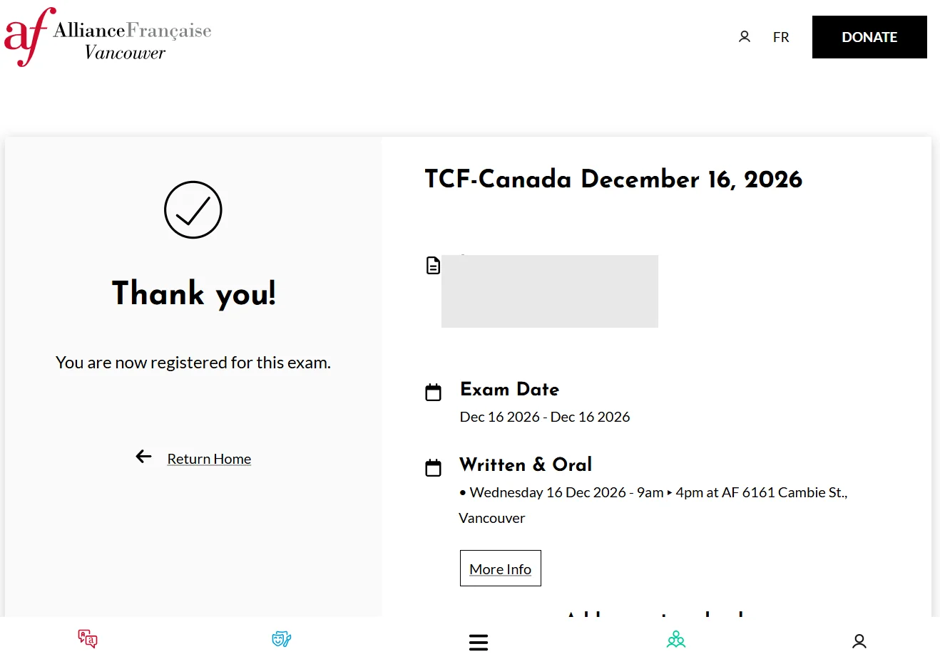 Alliance Française de Vancouver confirmation page for TCF-Canada December 16, 2026
