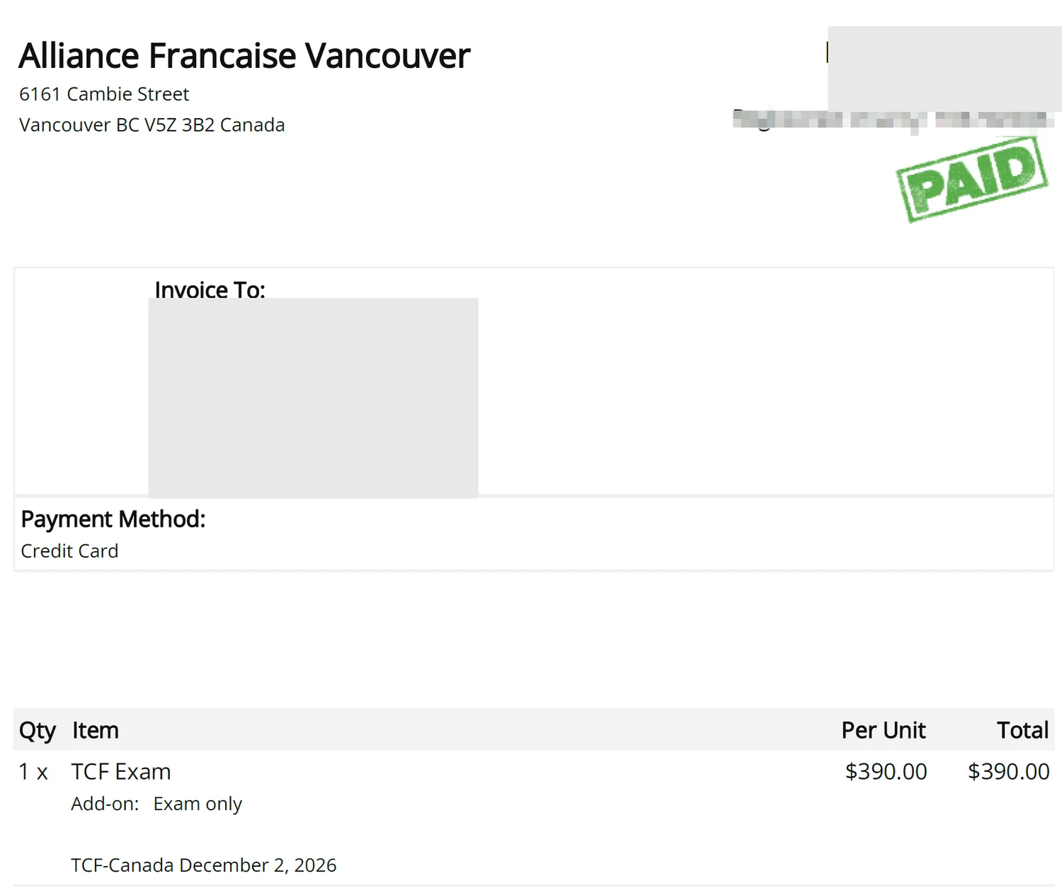 Paid invoice from Alliance Française de Vancouver for the TCF-Canada sitting on December 2
