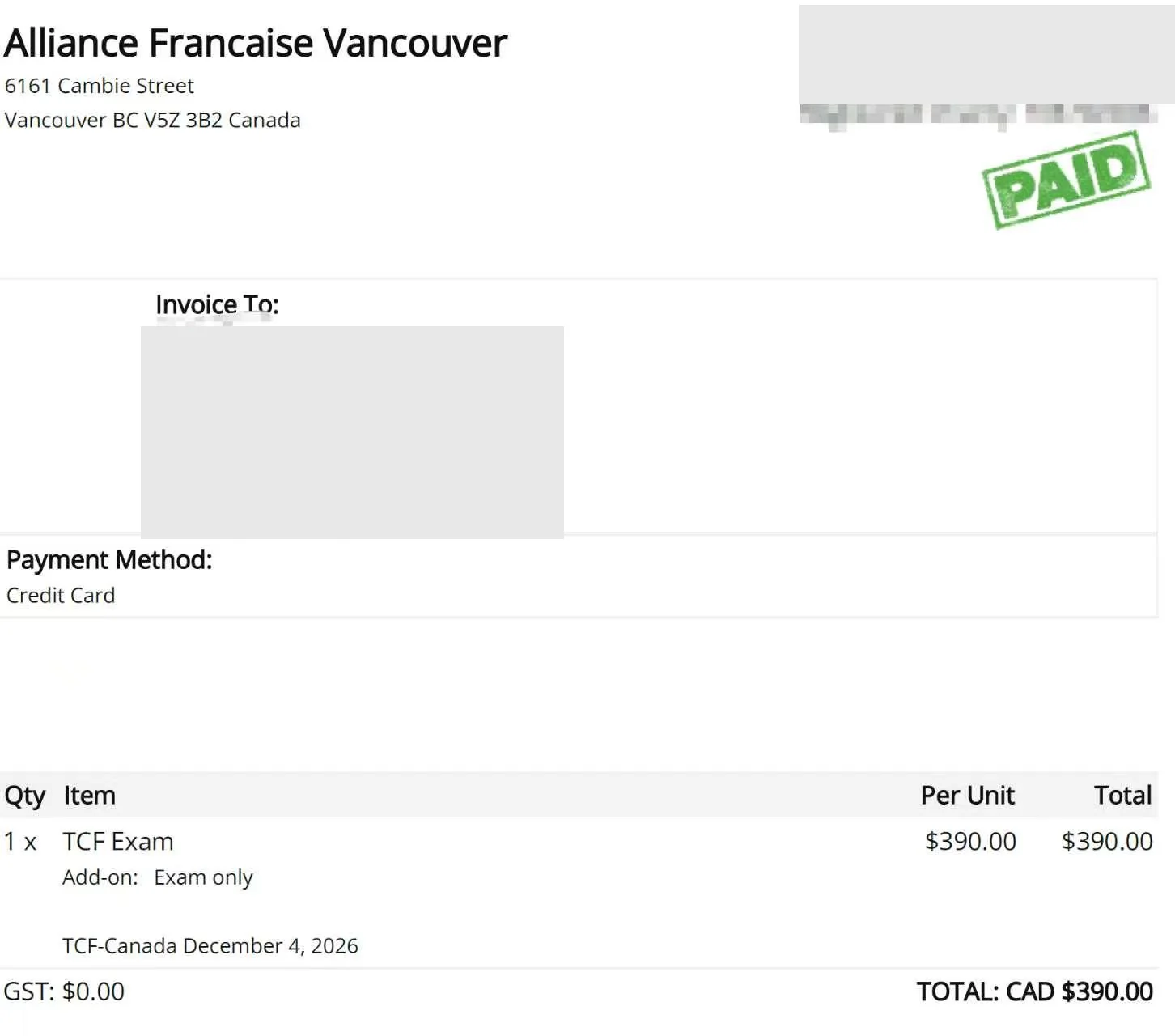Paid invoice from Alliance Française de Vancouver for the TCF-Canada sitting on December 4