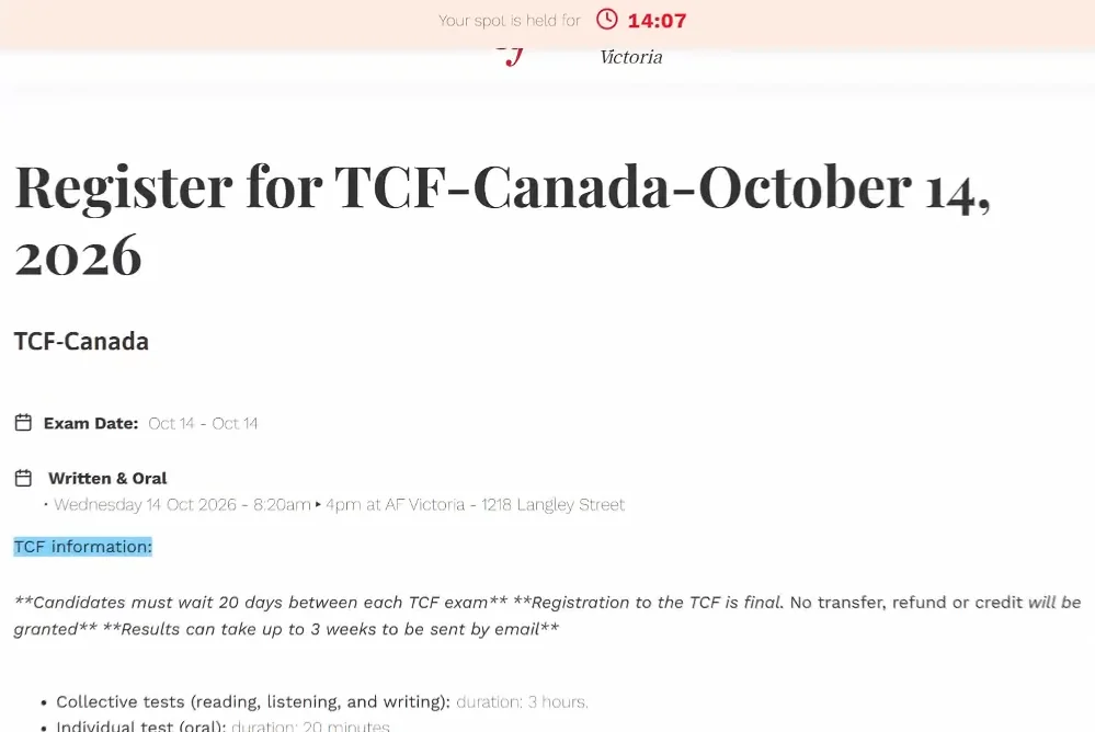 Alliance Française de Victoria registration page for the October 14 sitting